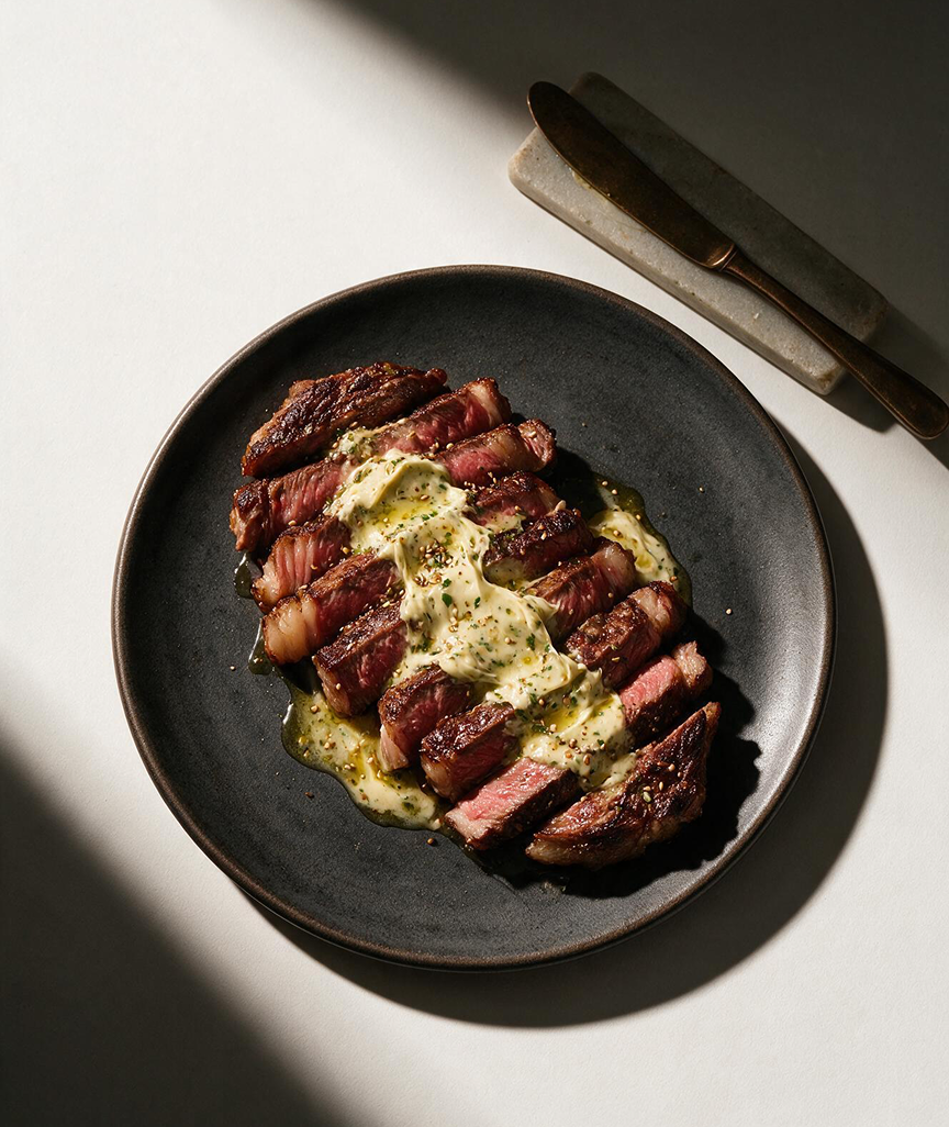 A plated dish finished with butter