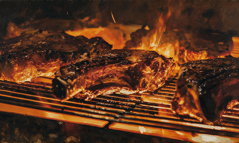 Barbeque Set grilled steaks over an open flame